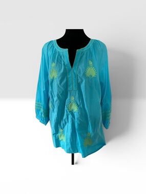 Talbots Turquoise Peasant Blouse with Lime Embroidery